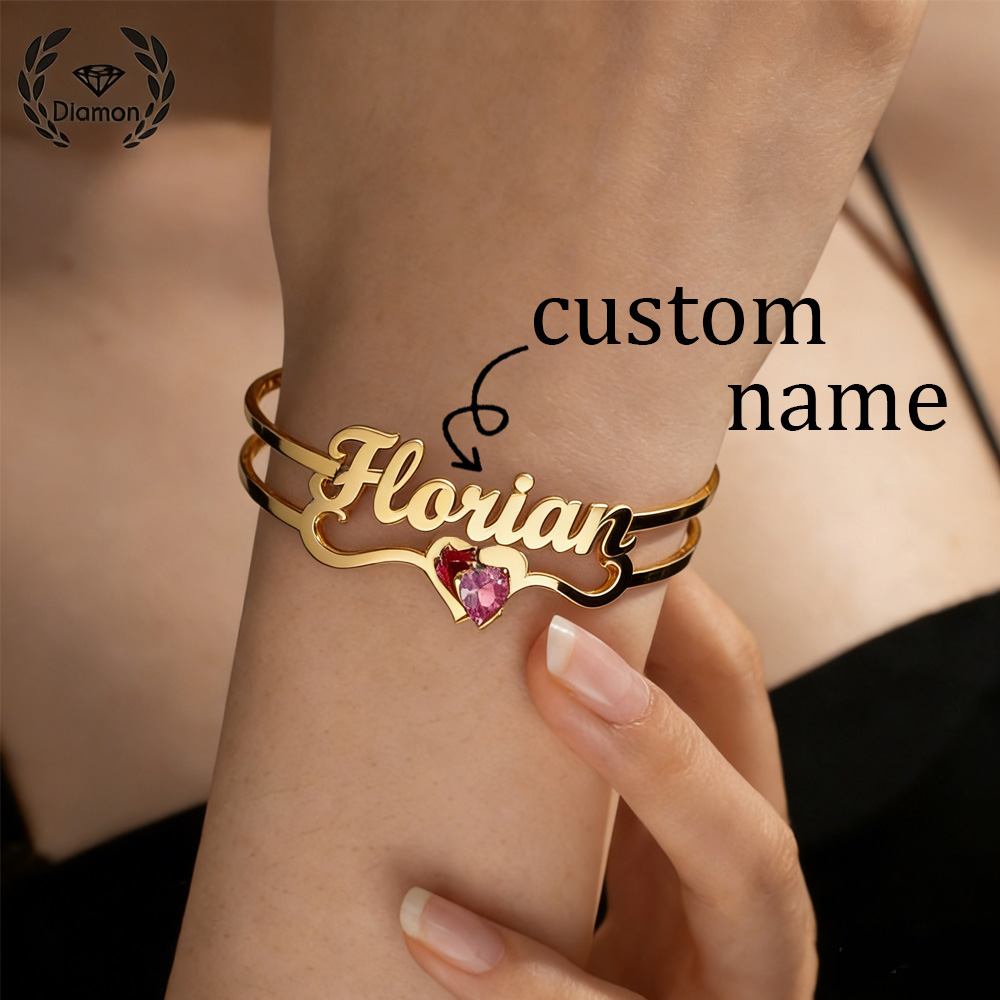 Cuff Bangle Bracelet - Diamant-Armreif mit individuellem Namen, Geburtsstein-Stein, personalisiertes