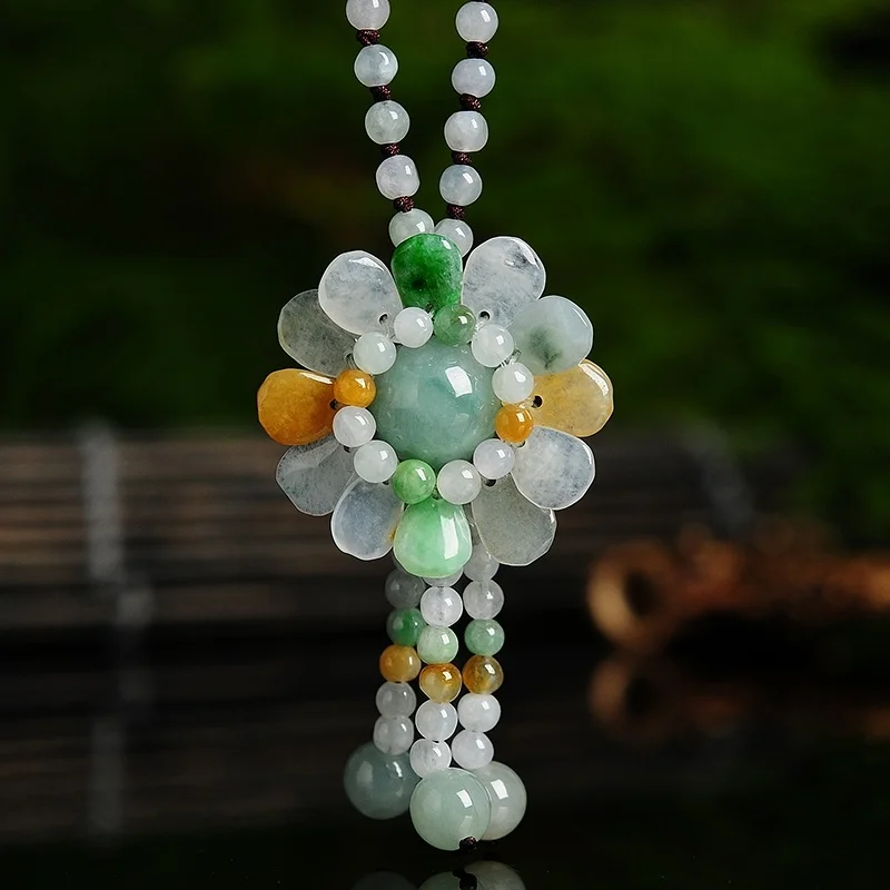Necklace Pendant - Zertifiziert Birmanischen Jade Sunflower Anhänger Jadeit