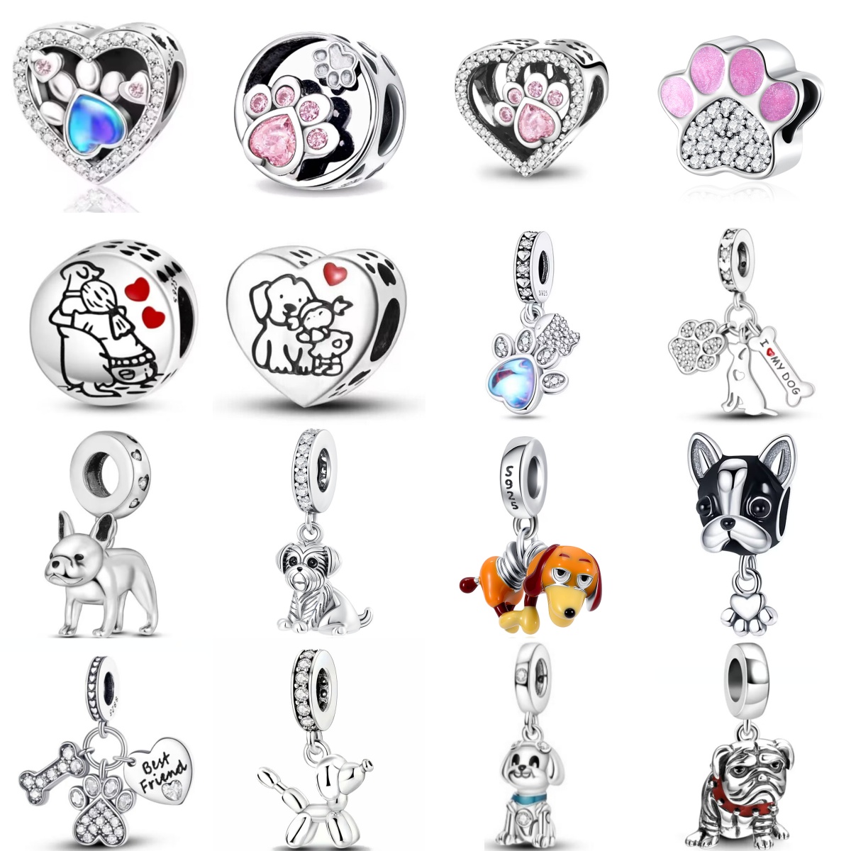 Wolf Jewelry & Watches Tampa - Glänzende Zirkon-Welpen-Wolf-Anhänger, Hundepfoten-Knochen-Clip-Perlen, Sicherheitskette, passend für