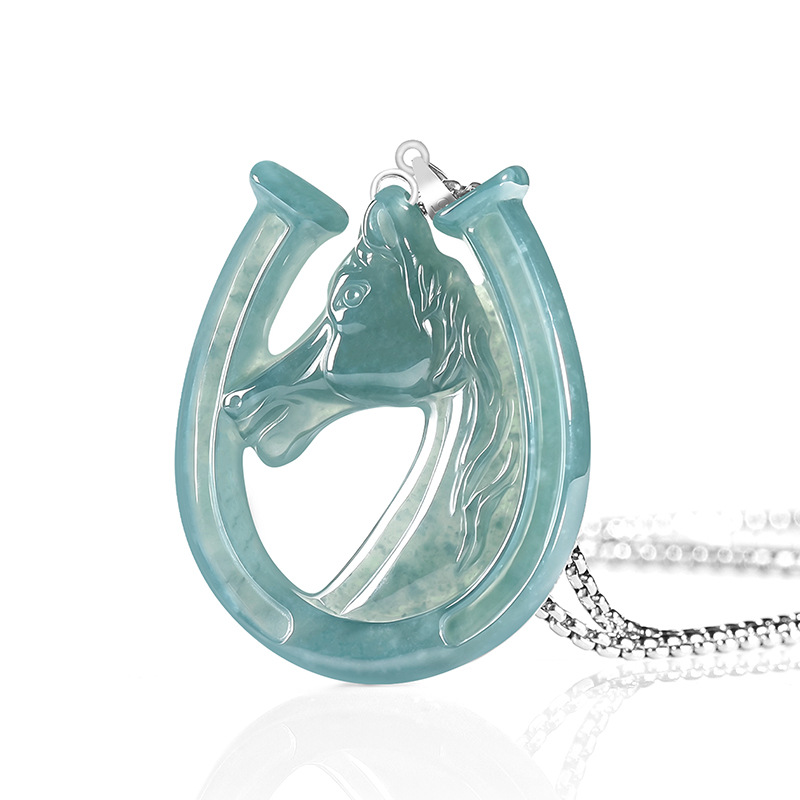 Necklace Pendant - S925 Silber Natürlicher Blauer Wasserjade Pferdehuf-Anhänger