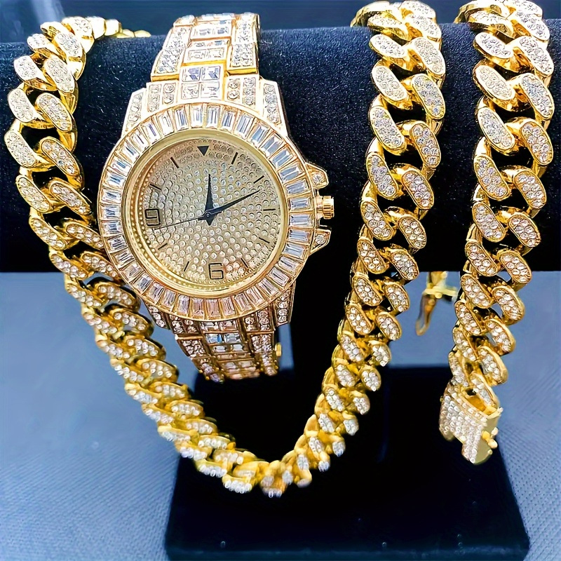 Jewelry Like Watches - Herren Bling Schmuckset: Goldene Iced-Out Uhr